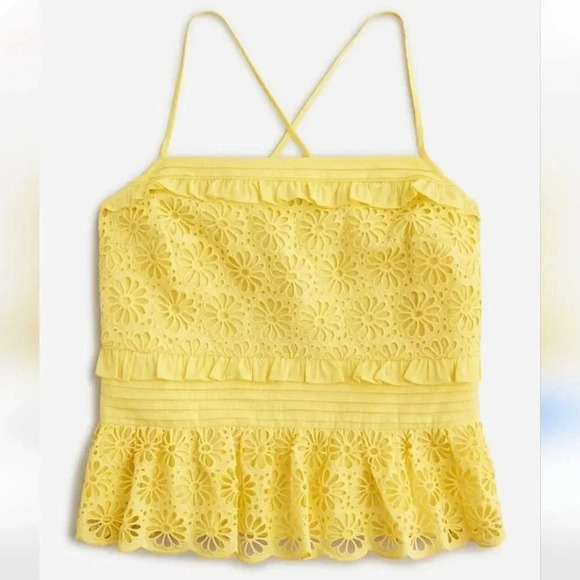 J. Crew, New, Yellow Cross Back Smocked Waist Peplum Eyelet Top, Size XL - Picture 1 of 15